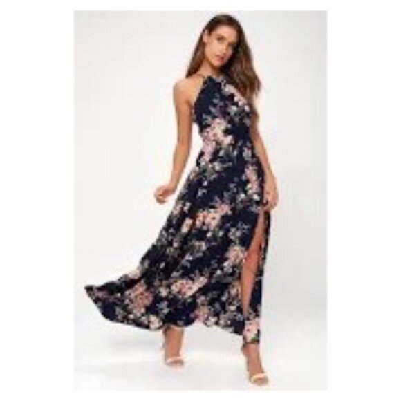 New Lulus Feel The Music Black Floral Print Halter Neck Maxi Dress P1246 - Picture 1 of 10